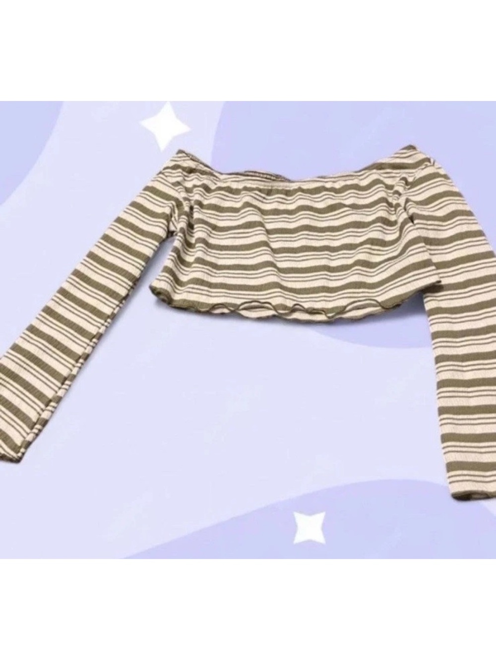 Striped Olive & Cream Off-Shoulder Long Sleeve Crop Top